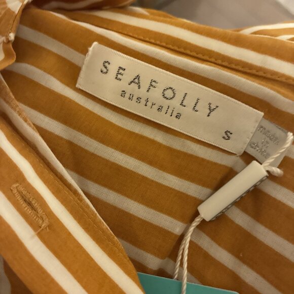 Seafolly New Voile Mustard Yellow Striped Button Down Long Sleeve Top Small - Picture 4 of 7